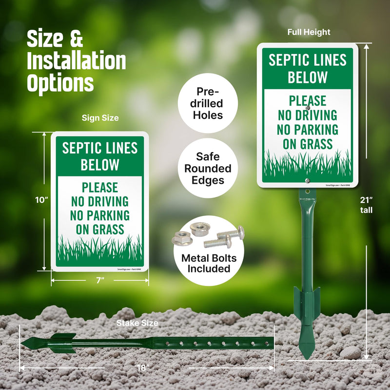 SmartSign 10 x 7 inch “Septic Lines Below - Please No Driving No Parking On Grass” LawnPuppy Yard Sign and 18 inch Stake Kit, 40 mil Laminated Rustproof Aluminum, Green and White, Set of 1
