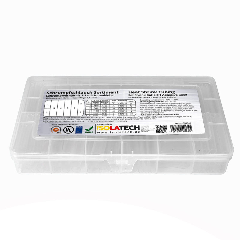 142-piece set 3:1 with adhesive heat shrink tubing assortment Set with total length of 8.3 m. Waterproof thanks to hot glue layer on the inside. By Isolatech., transparent | Unlabeled, 8.3 m total length, in a practical assortment box, hot glue layer f...