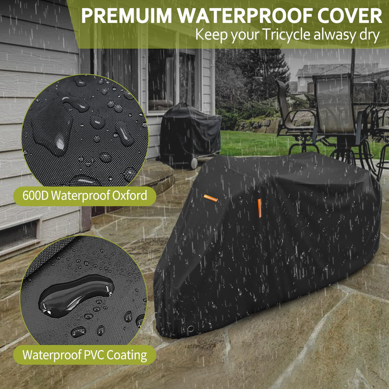 STARTWO Adult Tricycle Electric Trike Cover, Bike Storage Outdoor Waterproof, Windproof Bicycle Protective, Dustproof Bike Covers Black 210D Oxford Cloth with PU Coating
