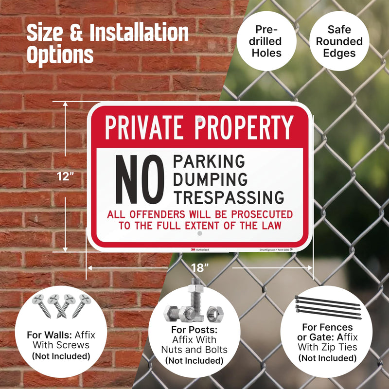 SmartSign Private Property No Parking/Dumping/Trespassing Offenders Prosecuted Sign (2-Pack), 12 x 18 inch, 80 mil thick Aluminum Composite (ACM), Pre-Drilled Holes, Red, Black and White, USA-Made 12" x 18" ACM Aluminum (Pack of 2)