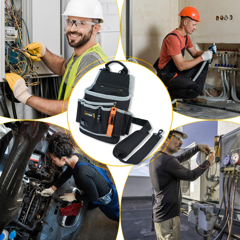 MELOTOUGH Electrician Tool Pouch Tool Belt Pouches Multiple Pockets Tool Organizer for Technician, Maintenance, HVAC Larger Electrician Pouch Black+Grey
