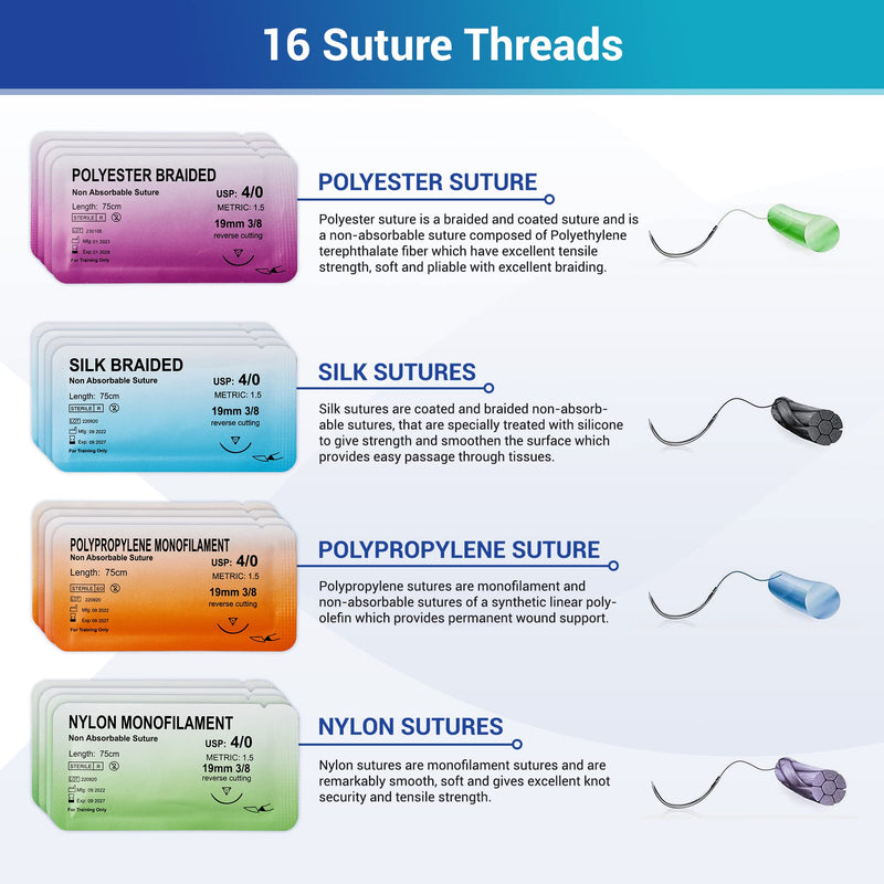 [Australia - AusPower] - Alcedo Sterile Sutures Thread & Needle with Tools Kit, First Aid Field Emergency Supplies, 16 Mixed 0, 2/0, 3/0, 4/0 with 12 Instruments, Complete Kit (28 Pieces) 