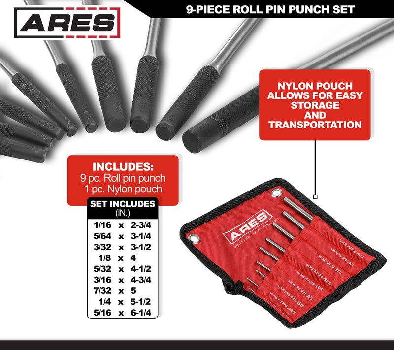 ARES 10021 – 9-Piece Roll Pin Punch Set – Durable Heat Treated and Drop Forged Steel Pin Punches with Pouch -Ideal for Automotive Repair, Gunsmithing, Craft Work, and Jewelry Repair