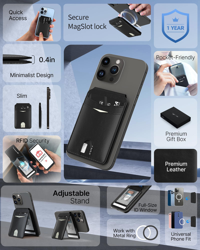 [Australia - AusPower] - typecase Magnetic Wallet Compatible with Magsafe: Magnetic Phone Wallet & Card Holder for Apple iPhone 15 14 13 12 Pro Max - Adjustable Mag Safe Wallet Stand with 4 Card Slots - Black 