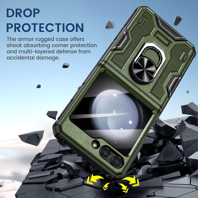 [Australia - AusPower] - VEGO for Z Flip 5 Case with Hinge Protection, 360°Ring Magnetic Kickstand & Camera Screen Protector & Belt Clip Holster, Military Grade Shockproof Case for Samsung Galaxy Z Flip 5 - Green 