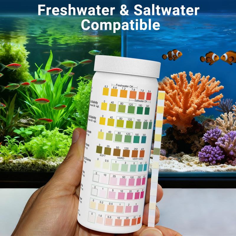 11 in 1 Aquarium Test Strips Kit | Aquarium Ammonia Test Strips | 150 Strips | Quick Accurate Freshwater&Saltwater Fish Tank Water Test Kit for Ammonia,pH,Nitrate,Nitrite,Hardness,Chlorine,Carbonate 11 in 1