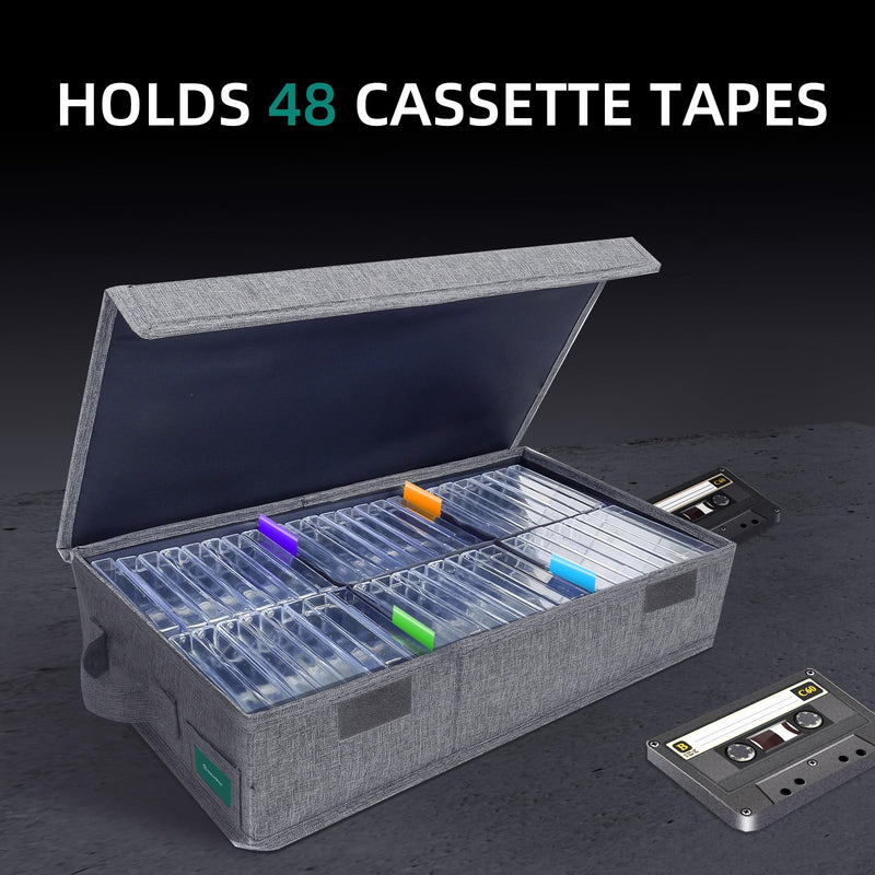 [Australia - AusPower] - Cassette Tape Storage Box, Practical Cassette Tape Holder 16.34 x 9.25 x 3.54 Inch, Cassette Rack with Lids and Index Labels to store to 48 Cassette Tape Cases - Gray TAPE-1 Pack 