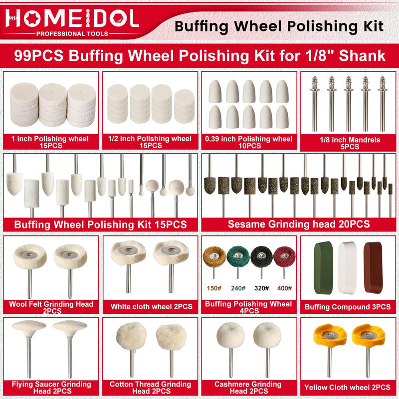 99PCS Buffing Wheel for Dremel Polishing Kit, HOMEIDOL 1/8" Shank Polishing Bits for Dremel Tool Accessories with Polish Compound, Abrasive Buffing Wheel, Rotary Tool Polishing Kit for Metal Rock
