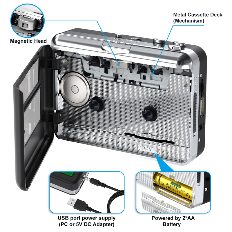 [Australia - AusPower] - DIGITNOW USB Cassette Player, Portable Walkman Stereo Tape to MP3 Converter, Audio Music Recorder to MP3 Digital File Converter with Earphones, No PC Required, Black, BR607 