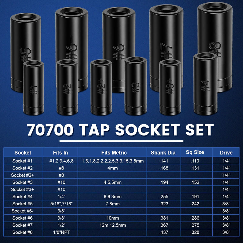 70700 Tap Socket Set, 11-Piece 1/4" & 3/8" Drive Taps Sockets Adapter for Metric & Standard Taps, Compatible with 1/2" and 1/8" NPT, Includes Non-M.C.T.I. Standard Tap 70700-11pcs