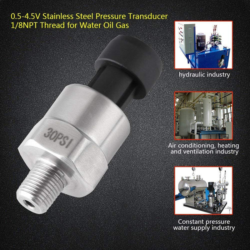 [Australia - AusPower] - 0.5-4.5V Output Stainless Steel Pressure Transducer Sender,1/8NPT SS Pressure Sensor with Connector Oil Pressure Sensor for Oil Fuel Air Water (30PSI) 30PSI 