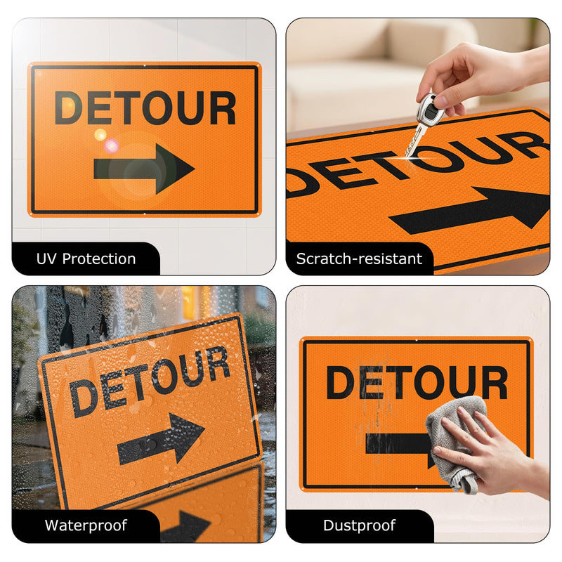 2 Pack Detour Sign with Right Arrow 12 x 18 Inch Reflective Aluminum Traffic Signs Rust-Free Waterproof Road Barricade Signs for Construction Zones Parking Lots Driveways Orange-Right Arrow