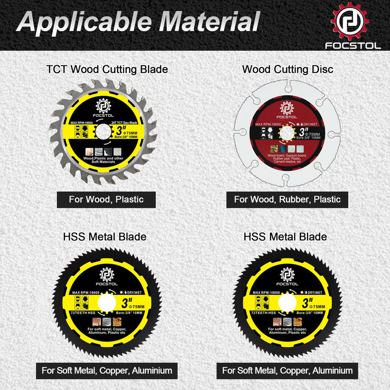 [Australia - AusPower] - FOCSTOL Saw Blade Set - 4pcs 75mm Cutting Disc for Cutting Wood Metal Plastic for Angle Grinder Arbor 10mm TCT+Wood+HSS Blade 