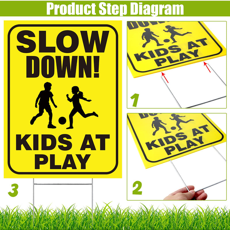 4 Pieces Slow Down Kids At Play Sign with Metal Stake, 12 x 16 Inch Kids At Play Safety Signs, Double Sided Child Safety Caution Signs, Children Sign for Street, Lawn Neighborhoods, Yellow