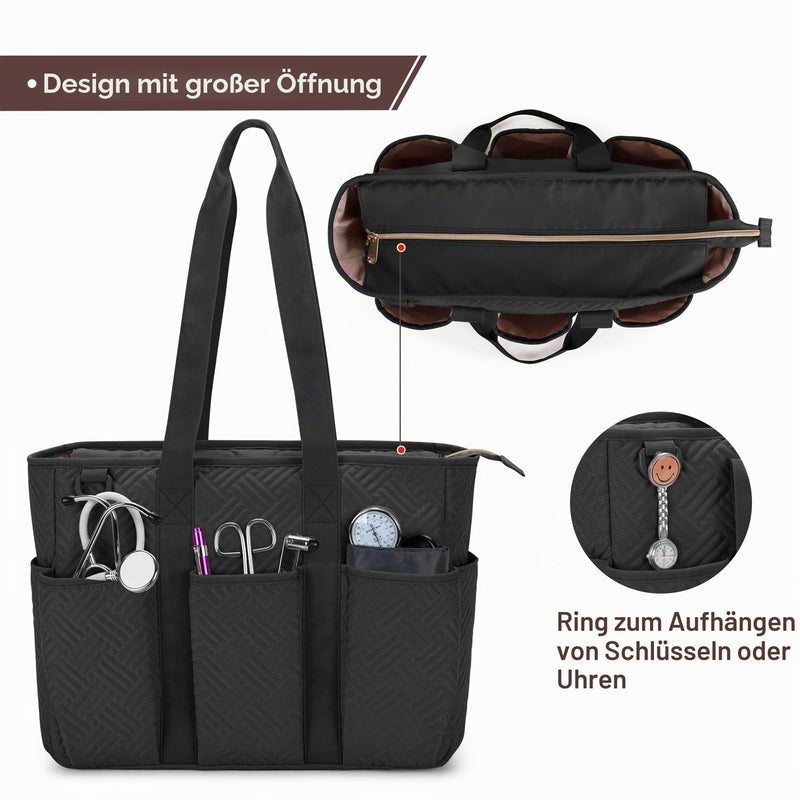 Fasrom Nurse Medical Bag Black | With padded 15.6 inch laptop compartment, 8 outer pockets, 3 pen loops and reinforced straps for first aid and students