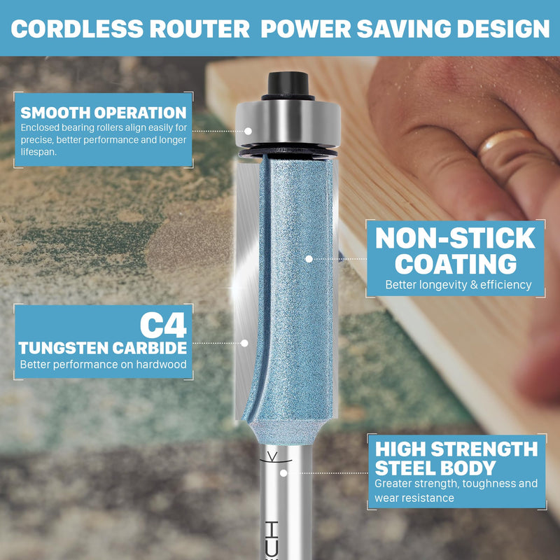 KEENTECH Flush Trim Router Bit, 1/2" Shank, Ideal for Template Work & Clean Flush Trimming, Industrial Carbide Tipped Extra-Long Bearing Pattern Bit, 1/2" Diameter, 2" Cutting Depth 1/2" Dia. - 2" Cutting Length
