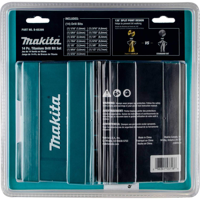 Makita B-65399 Impact Gold 14 Pc. Titanium Drill Bit Set, 1/4 In. Hex Shank