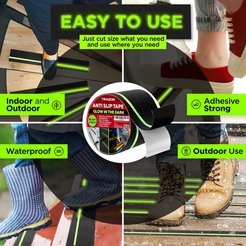 Grip Tape - Heavy Duty Anti Slip Tape for Stairs Outdoor/Indoor Black with Glow in The Dark Strips & Carpet Tape Double Sided - Rug Tape Grippers for Hardwood Floors and Area Rugs