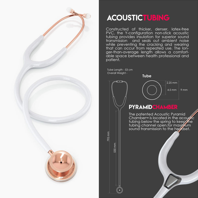 MDF Instruments, Rosegold MD One Stainless Steel Stethoscope, Adult, White Tube, Rosegold Chestpieces-Headset, MDF777RG29 Stainless Steel Rose Gold - White