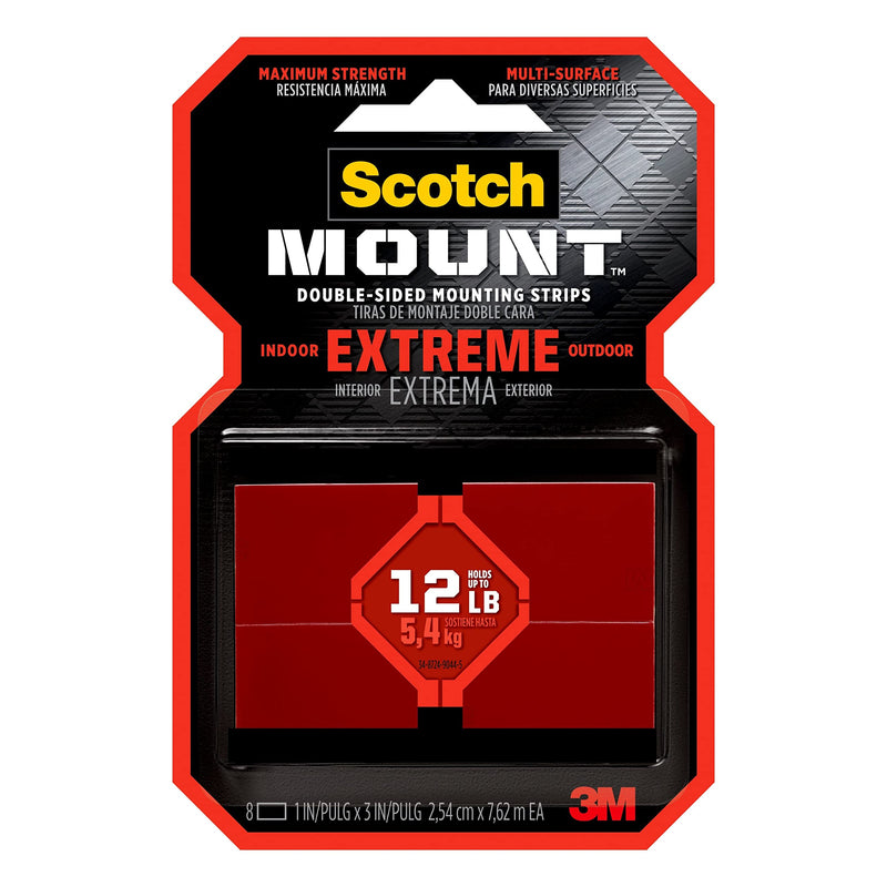 Scotch Extreme Mounting Strips, Double-Sided Heavy Duty Tape, 8 Strips, 1 in x 3 in, Use Instead of Nails or Screws, Works on Painted surfaces, Metals, Acrylic, Hard Plastics and More (414H-ST) 8 Count