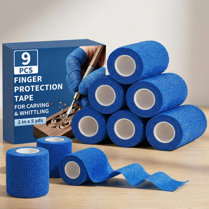 Cut Resistant Tape for Wood Carving & Whittling, Knife & Finger Protection, Knifeless Self-Adhesive Wrap, Anti Slip & Anti Abrasion Hand Tape 9 Rolls Blue