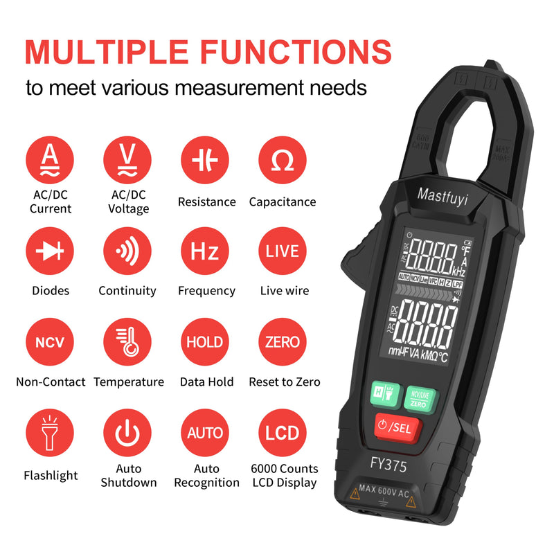 [Australia - AusPower] - Digital Clamp Meter Multimeter Tester T-RMS 6000 Counts, Auto-ranging Voltage Amp Tester with NCV Measures AC/DC Voltage & Current, Resistance, Capacitance, Frequency, Continuity, Live Wire FY375 