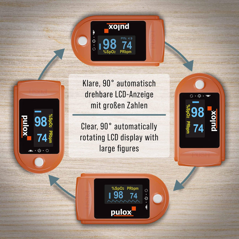 Pulox PO-200 Solo Pulse Oximeter Orange for Measuring SpO2, Pulse and PI | With precision indicator for reliable control of oxygen saturation, heart rate and perfusion index