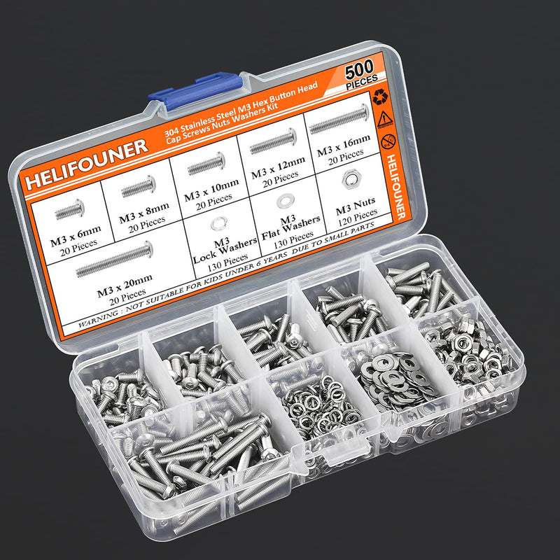 [Australia - AusPower] - 500 Pieces M3 x 6mm /8mm /10mm /12mm /16mm /20mm, Hex Button Head Cap Metric Screws Bolts Washers Nuts Kit, 304 Stainless Steel 