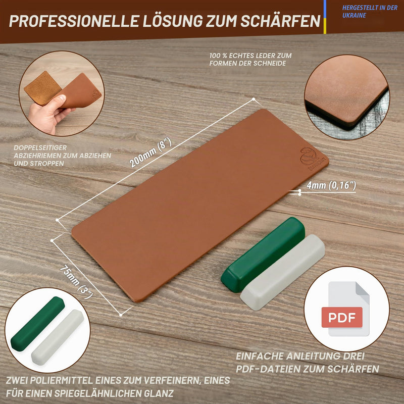 BeaverCraft Leather Strop Set for Knife Sharpening Knife Strop Block 20 x 7.5 cm Leather Strop Set with Green/Grey and White Polishing Paste Knife Sharpener and Polishing Pastes