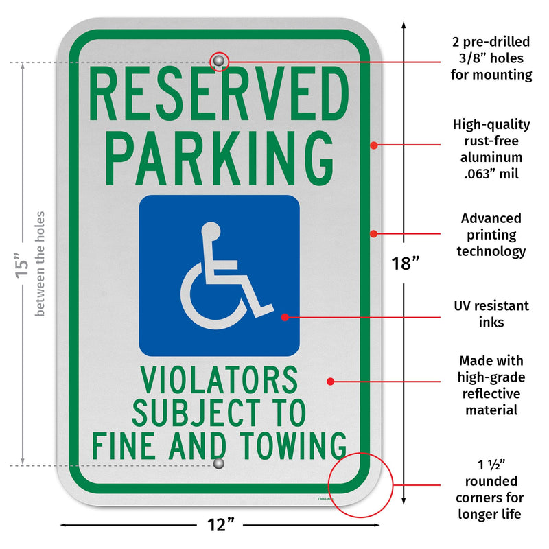 Brimar - 12" x 18" - Texas Reserved Parking Sign - Reserved Parking Violators Subject To Fine and Towing - .063″ Engineering Grade Reflective Aluminum - Bold Text and Symbol - Easy Installation 12x18" with Fine