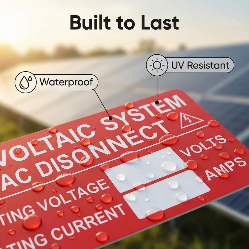 50-Pack Solar AC Disconnect Labels - Photovoltaic System AC Disconnect Stickers - 4" x 2" UV Resistant Vinyl Warning Decals - Code Compliant Electrical Safety Sign for Solar Installers