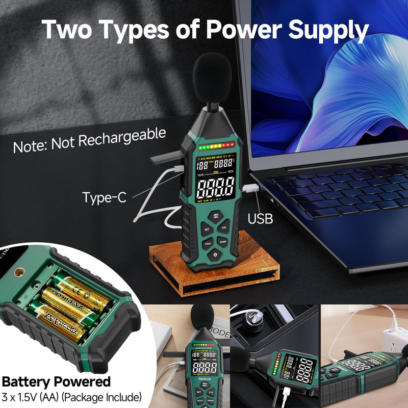 [Australia - AusPower] - Rechargeable Decibel Meter, Gedaye Sound Level Meter, A/C Weighted SPL Meter, Portable Noise Measure Device Range 30-130dB, Noise Detector Sound Monitor Decibel Reader Classroom Factory Noisy Neighbor Green 