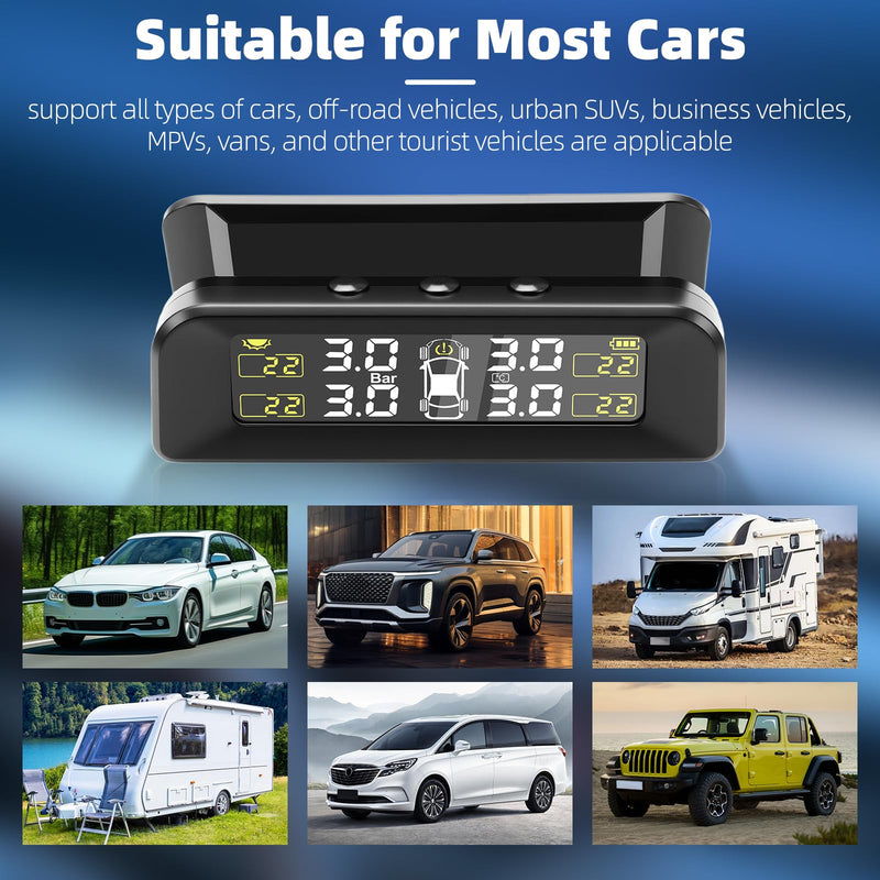 Tire Pressure Monitoring System Solar TPMS,Tire Pressure Monitor System with 4 External Sensors Real-Time Display on Windowshield 22-87 PSI for Car RV SUV MPV Sedan