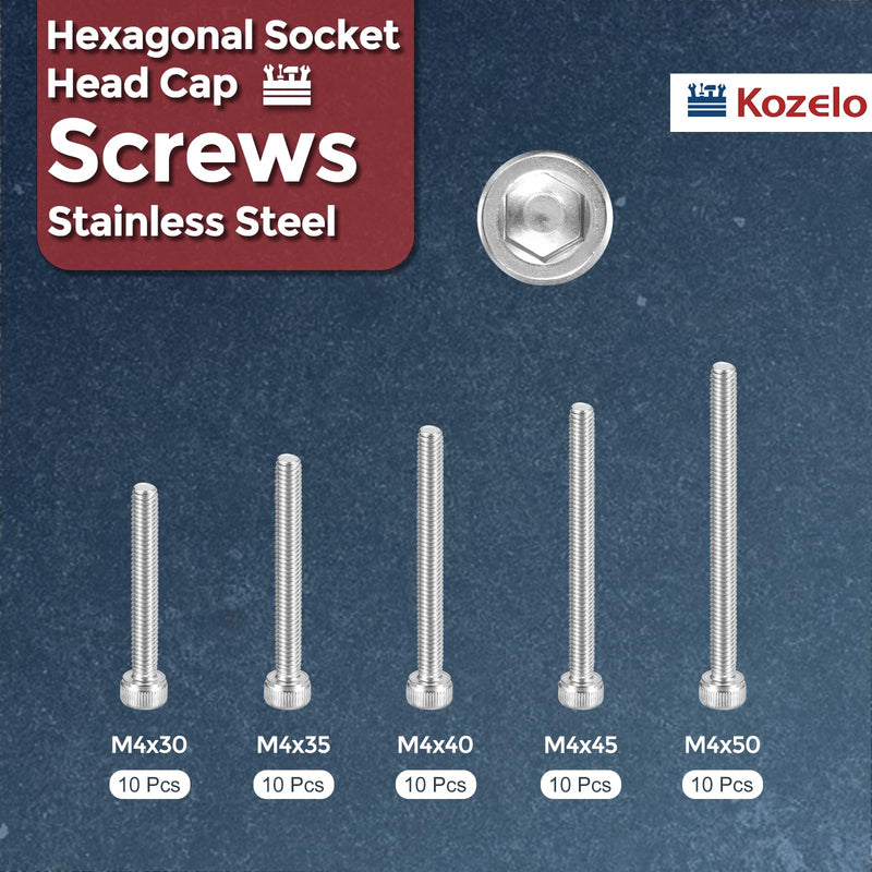 [Australia - AusPower] - 50pcs M4 Socket Head Cap Screws Bolts Nuts Assortment Kit - [M4x30/35/40/45/50mm] 304 Stainless Steel Allen Socket Drive for 3D Printer M4x30/35/40/45/50mm 50 