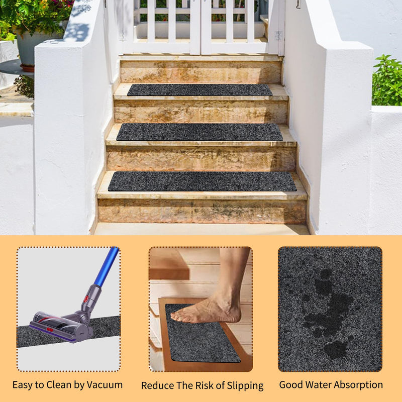 10 Pack Non-Slip Stair Treads for Wooden Steps, 6''x30'' Stair Carpet Treads Outdoor, Peel and Stick Stair Treads, Indoor Stair Runner Mats for Kids Elders & Pets with Reusable Adhesive black 6''x30''