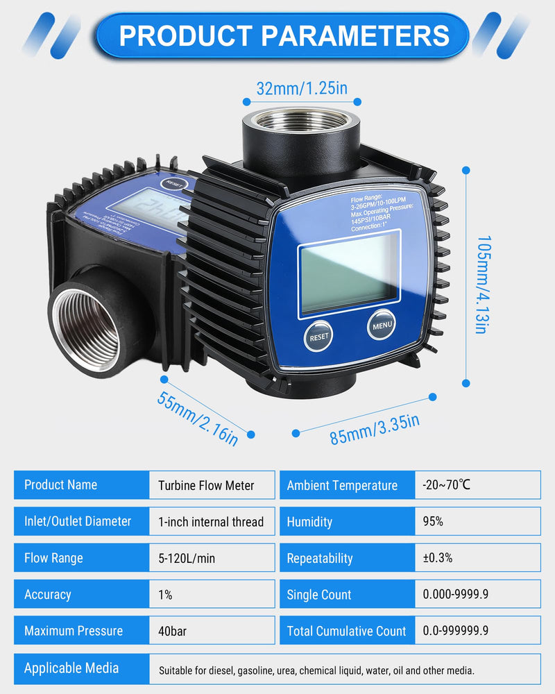 Water Flow Meter, 1 Inch Internal Thread, High Precision Water Flow Sensor, Digital Turbine Flowmeter, for Diesel, Petrol, Urea, Water, Oil, 5-120 Litres/Minute