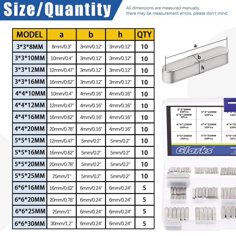 [Australia - AusPower] - Glarks 140Pcs 8mm 10mm 12mm 16mm 20mm 25mm 30mm Key Stock Keystock Assortment kit, 16 Sizes 304 Stainless Steel Smooth Round Ended Feather Key Parallel Drive Shaft Keys Set 
