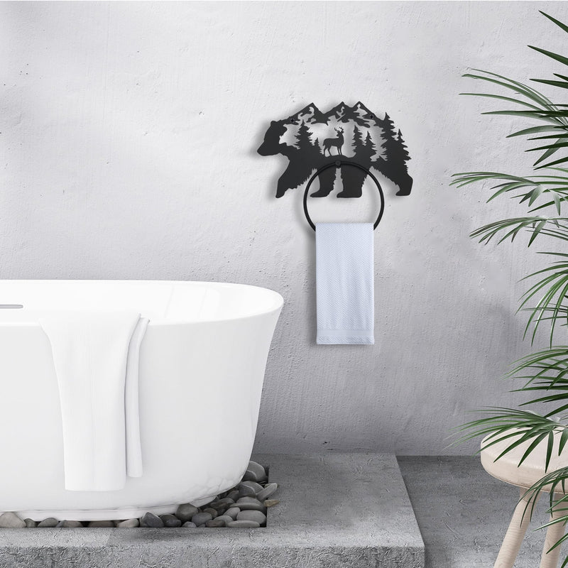 Black Bear Bathroom Decor Towel Holder for Bathroom Wall, Matte Black Log Cabin Towel Hook Rustic Bathroom Towel Rack Wall Mount, Round Towel Ring for Woodland Bathroom