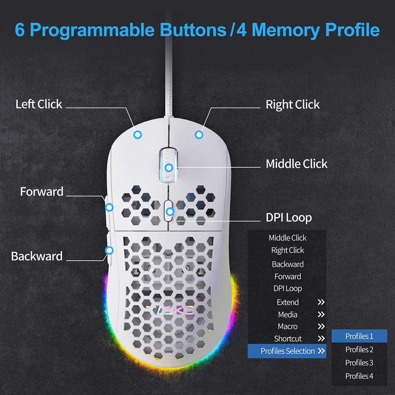 [Australia - AusPower] - TMKB Falcon M1SE Ultralight Honeycomb Gaming Mouse, High-Precision 12800DPI Optical Sensor, 6 Programmable Buttons, Customizable RGB, Drag-Free Paracord, Ergonomic, Wired - Matte White 