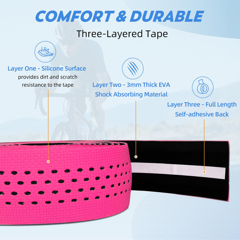 Road Bike Handlebar Tapes, Pink Bicycle Bar Tape with High Stain Resistance Silicone Surface, Shock Absorbing EVA Bike Grip Tapes for Handlebar (Set of 2, Hot Pink)