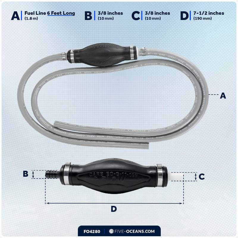 Five Oceans Marine Fuel Line Assembly with Primer Bulb, 3/8-Inch x 6 foot, Universal Outboard Boat Fuel Hose, EPA/CARB Approved, Ethanol-Compatible, Leakproof - FO4280 Universal 3/8" Hose (no engine fitting)