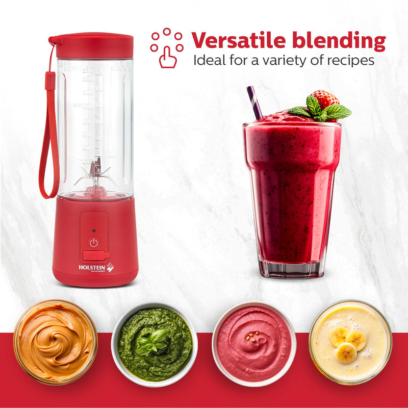 [Australia - AusPower] - Holstein Housewares - USB Portable Blender, 16oz Personal Smoothie & Shake Maker with Rechargeable Battery, Type-C Fast Charging, Spill-Free Lid & Indicator Light - Red 