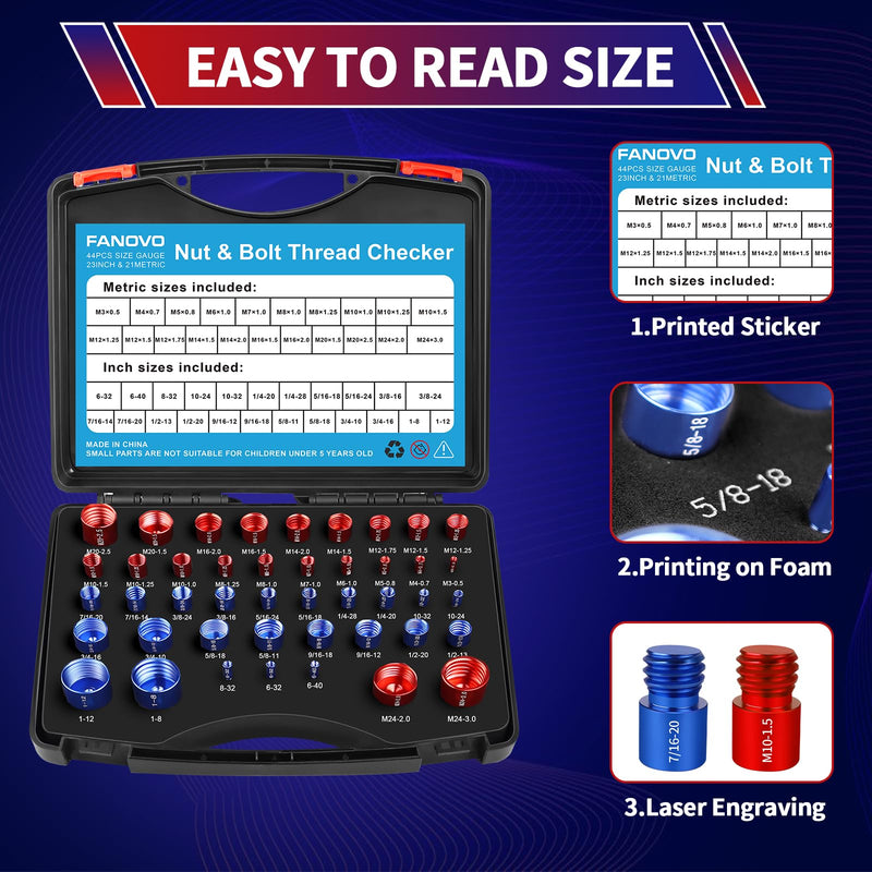 [Australia - AusPower] - FANOVO Thread Size Checker, 23 Inch & 21 Metric Bolt and Nut Identifier Gauge Kit, Threaded Measurin Inspector Finder Tester Box Set, for Size Checker of Bolts or Nuts in Narrow Areas Black 