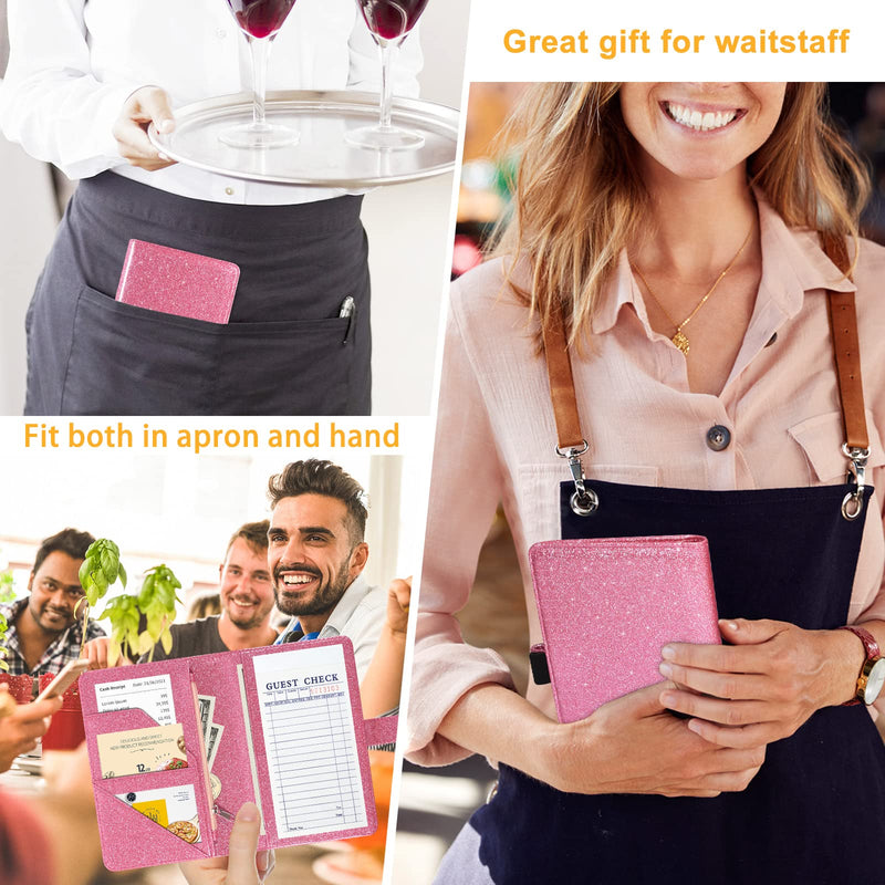 [Australia - AusPower] - Server Book for Waitress - Leather Waiter Book Server Wallet with Zipper Pocket, Cute Serving Book&Server Note Pads Holder with Magnetic Closure, Glitter Pink 