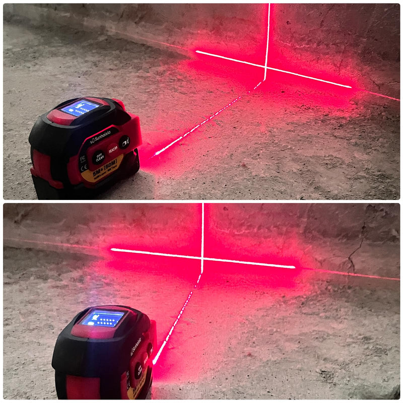 Laser Tape Measure 3 in 1 with Laser Level Crosshairs |196ft/60m Laser Distance+16ft/5m AutoLock Tape |Backlit LCD Display (Ft/Inch/M/mm) |for DIY,Construction, Interior Design (Red) Red
