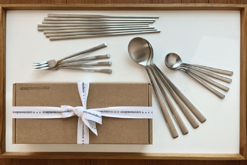 Korean Made Stainless Steel Silver Utensil Flatware Cutlery Korean Chopsticks and Spoon Set Tea Spoon and Tea Fork Set, 4SET Stocking Stuffer Gift for Mom Stocking Stuffer