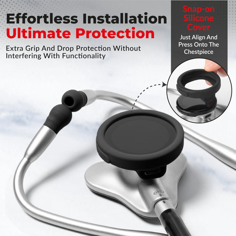 [Australia - AusPower] - Core Protection Kit for EKO Core 500 Digital Stethoscope – Silicone Chestpiece Cover, 2 Tempered Glass Screen Protectors, & Replacement Ear Tips (Black) 