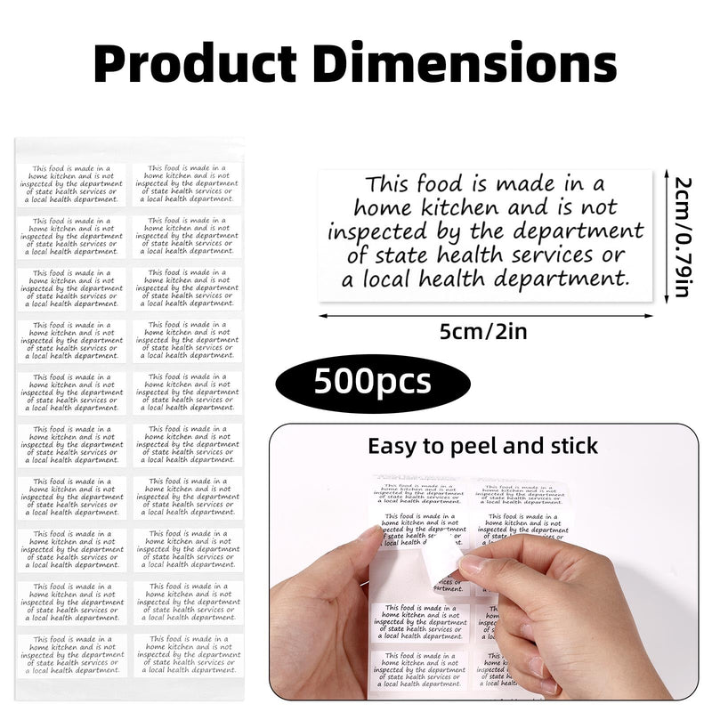 500pcs Cottage Food Law Labels Stickers, 5x2cm/2x0.79in Thermal Paper Self-Adhesive Labels Made in Home Kitchen Inspection Statement for Homemade Bakery Food Packaging