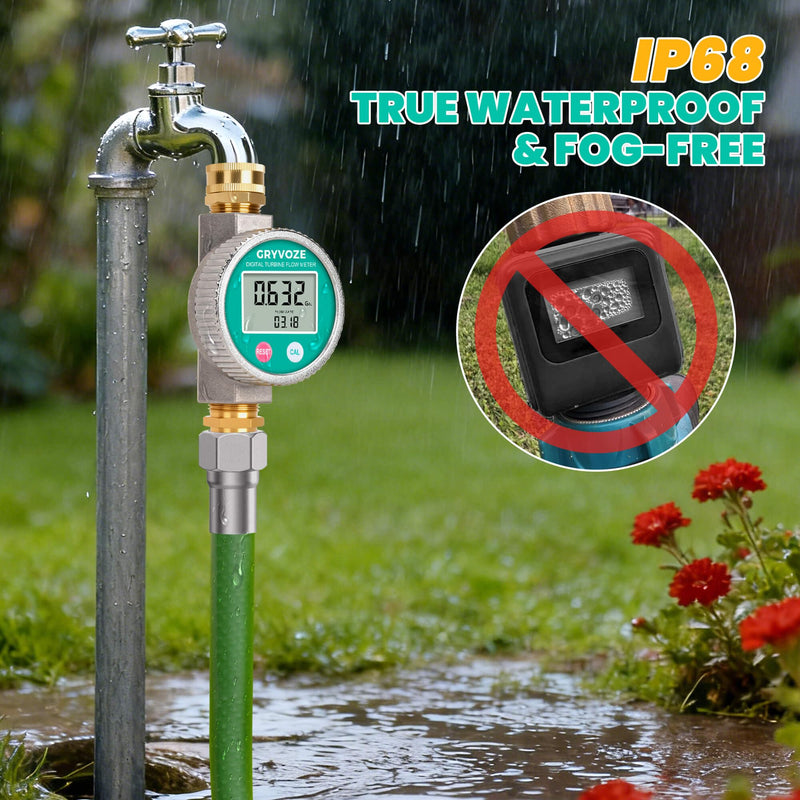 [Australia - AusPower] - Metal Water Flow Meter, 3/4" GHT Garden Hose Flowmeter with Brass Thread and Large Screen for RV, Pool, House, Lawn Sprinkler and Outdoor Watering – Supports Gallon, Liter, GPM and LPM 