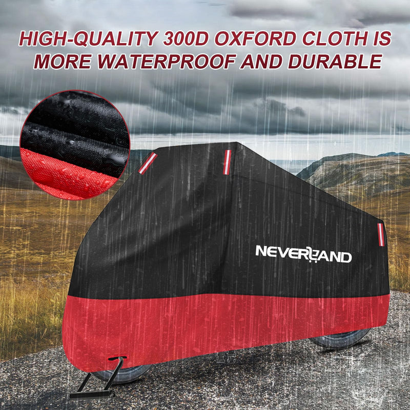 [Australia - AusPower] - NEVERLAND Motorcycle Cover Waterproof Outdoor, 300D Motorcycle Cover Heavy Duty Outdoor All Season Protection, Universal Motorbike Cover with Night Reflective, Lock-Holes, Storage Bag (Up to 86") L 